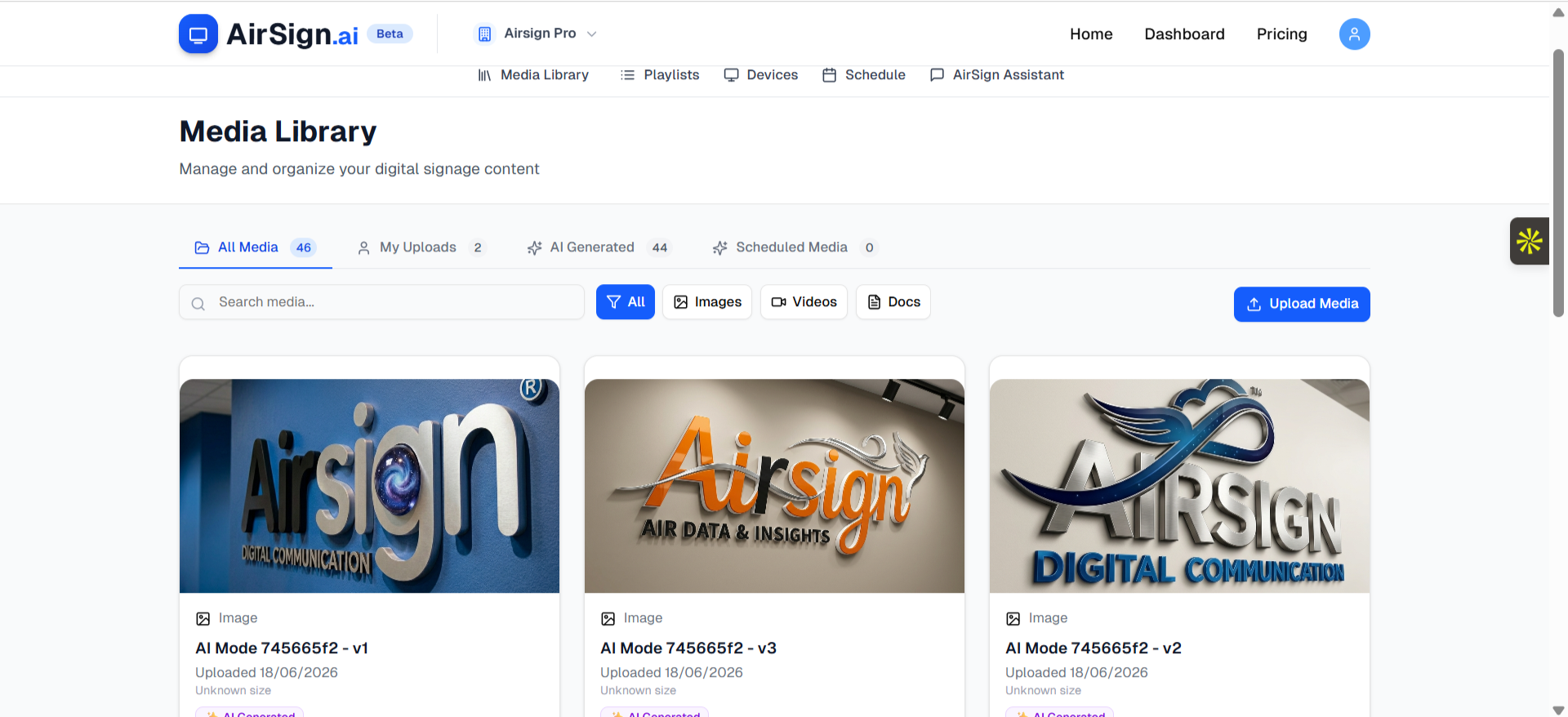 AirSign media library dashboard